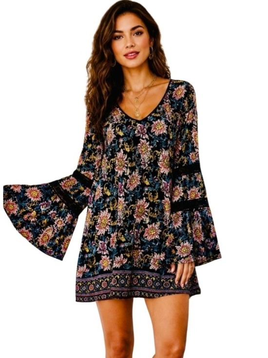Xhilaration Dresses & Skirts - Xhilaration Black Floral Bell Sleeve Mini Dress XXL